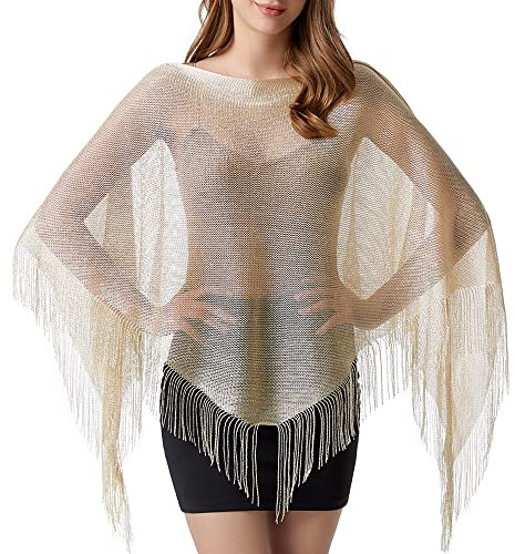 LoudSung Blusa de bikini transparente con flecos, blusa de seda brillante triángulo panel borla chales para mujeres y niñas, Beige