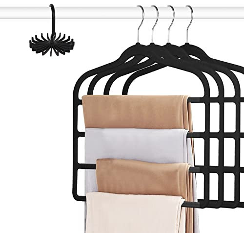 Tinfol Samt-Kleiderbügel, platzsparend, 4 Stück, schwarz, rutschfest, Samt-Kleiderbügel mit Haken, mehrstöckig, ultradünn, Hosenbügel, Kleiderbügel, Organizer, Aufbewahrung für Hosen, Schals, Jeans