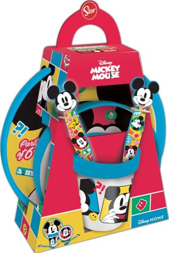 Disney - Juego de vajilla de 5 piezas, color azul y rojo, de plástico, Mickey Mouse, platos, vaso y cubiertos
