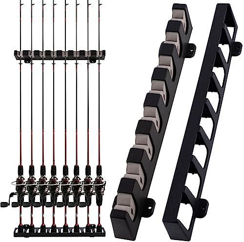 Dr.Fish 1 Pair Wall Mounted Fishing Rod Holder Horizontal Rod Pole Holder for 8 Slots Storage Complete with Accessories in Box