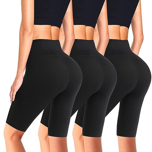 flintronic Gymshorts med hög midja för kvinnor, mjuk magkontroll, cykelshorts, rumplyft, yoga, stretchiga shorts för sport, löpning, träning, gym, simning, 3 st Svart, M
