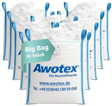 AWOTEX 10 Stück Big Bag beschichtet in 90 x 90 x 110 cm I Säcke mit 4 Hebeschlaufen I mit 1000kg Traglast I Baustellen-Zubehör I Säcke für Baustelle & Landwirtschaft