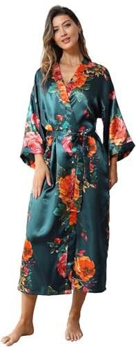 Horezsie Women's Silky Kimono Robe Long Satin Kimonos Floral Covery Up Bathrobes