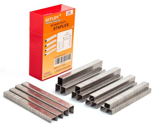 SITLDY Lot de 2000 agrafes robustes en acier inoxydable T50 304 4 tailles incluses : 5/16, 3/8, 1/2, 9/16, 500 par taille, lot de projets de tailles assorties, pour agrafeuse pneumatique et