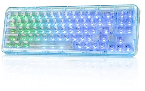 YUNZII X71 Transparent Mechanical Keyboard with Clear Keycaps, BT5.0/2.4G/USB-C Wired Gaming Keyboard 68% Layout,Gasket Mount Wireless RGB Gaming Keyboard for Win/Mac(Crystal Ice Switch,Cyan)
