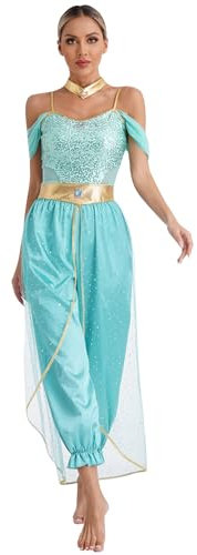 Kaerm Damen Belly Dance Outfit Pailletten Overall Schulterfrei Jumpsuit Orientalische Tanzkleidung Für Fasching Karneval Mottoparty Türkis 4XL
