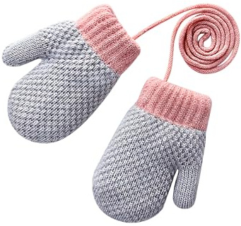 FIBOUND 1 par vinterhandskar för barn, elastiska småbarnshandskar, stickade barnhandskar, med rep, lämpliga för flickor och pojkar i åldrarna 1–3 år (grå), Grå, 11.5*8.5 cm