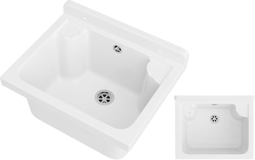 Lavabo universel, avec siphon, pour distributeur de savon, garage, cave, atelier et buanderie, montage mural, 42 x 34 x 24 cm, blanc Granitan