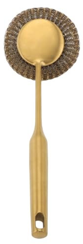 Stahlwolle-Schrubber mit langem Griff, Metallschwamm, Tiefenreinigung, rostfreier Edelstahl, Geschirrschrubber, Bürste, Metallgeschirrschrubber für Töpfe, Pfannen, Grills, Gold (Gold)