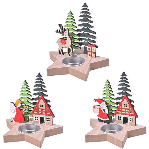 3 Stück Weihnachtskerzenhalter, Weihnachtlicher Teelichthalter, Holzkerzenhalter für Votivkerzen, Kerzenhalter, Kerzendekoration für Weihnachten, Hochzeit, Fotografie-Requisiten
