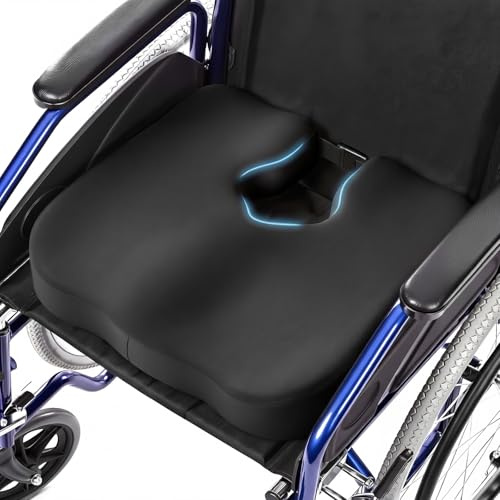Wheelchair Seat Cushion with Hole and Tailbone Cutout for Pressure Relief, Ergonomic Wheelchair Donut Pillow Relieve Coccyx, Sciatica, Hemorrhoid & Pressure Sore, with Anti-Slip & Strap, 17 W x 16 L