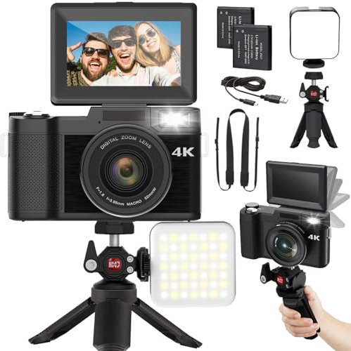 Digital Camera 4K 48MP Autofocus Full HD Vlogging Camera for YouTube Flip Screen Compact Camera for Beginners Vloggers Photography with Rechargeable Batteries Accessories Kit