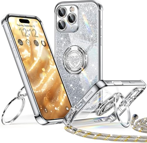 XYZ für iPhone 16 Pro Max Hülle mit Band, Herzen Doppelring Ständer | Luxus Glitzer HandyHülle Kameraschutz, Frauen Stoßfest Elektroplattiert Case Soft TPU SchutzHülle Clear, Silber