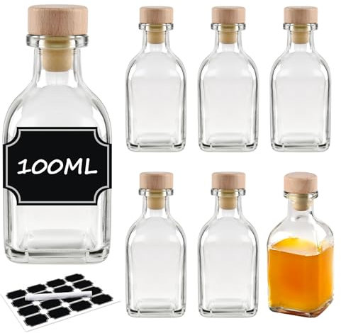 BLIENKREBY 6x Glasflaschen 100 ml mit Korken, Kleine Shot Flaschen zum Befüllen, Mini Smoothie Glasflaschen, 12 Schwarze Etiketten mit Stift, für Saft, Smoothie, Ingwer, Whiskey und Gewürze