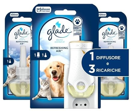 Glade Liquido Elettrico Profumatore per Ambienti Refreshing Air 1Base 3 Ric | Elimina gli Odori degli Animali Domestici, Fino a 120 Giorni di Profumo per Ricarica, Fragranza Regolabile