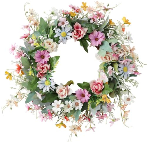 Türkranz Frühling, 45CM Frühlingskranz Frühlingsdeko Kranz Deko mit Blumen Bunte Frühlingskranz Haustür Blumenkranz zum Aufhängen Türkranz Haustür Osterkranz Türkranz Ostern für Frühling (C)