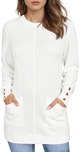 LOMON Tunic Tops to Wear with Leggings White Long Sleeve Ladies Tops and Blouses with Pockets T Shirts for Women XXL