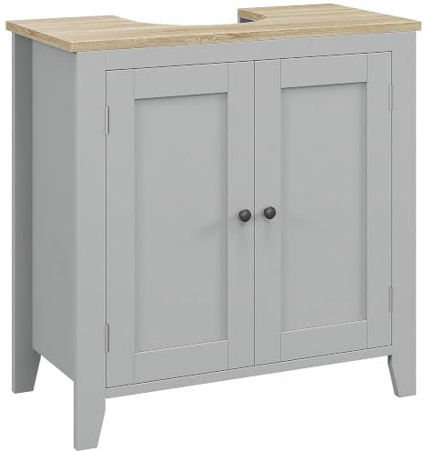 kleankin Meuble sous lavabo, meuble de salle de bain avec 2 portes, design sur pied sous évier, armoire de salle de bain autoportante avec étagère réglable, gris