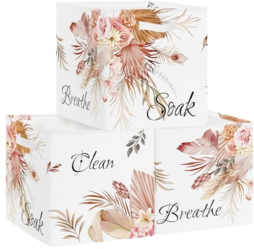 Clastyle Set di 3 Scatole Portaoggetti Fiore Cubo di Stoccaggio per Armadio Vestiti Cesto Scaffali Bambini Scrigno dei Giocattoli e Libri per Scuola Materna,Boho,30x30x30 cm