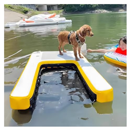 MZZKFC Poolrampe Für Hunde Für Große Hunde, Zusammenklappbare & Wiederverwendbare Aufblasbare Hund Pool Rampe Für Hunde Bis Zu 105kg, Tragbare Wasser Hundekletterleiter Für Boot, Mit Eva Pad(Yellow)