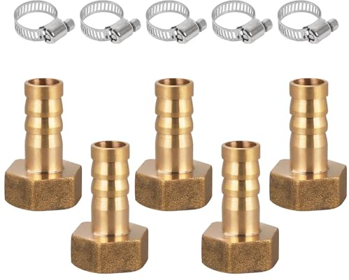 5 Stück IG 1/2 Messing Schlauchanschluss, 10 mm Widerhaken x G 1/2 Zoll Innengewinde Rohradapter, mit 5 Stück Schlauchschelle für Luftschlauch Gasschlauch Wasserschlauch, Kraftstoffleitung