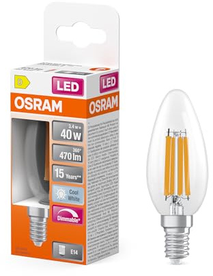 OSRAM Lampada LED Superstar B40 a forma di candela, dimmerabile, bianco neutro 4000 K, 3,4 W, E14, trasparente, 470 lm, 15.000 ore, per lampadari, ufficio