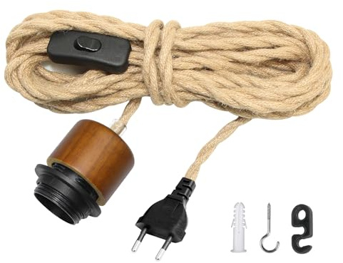ZRLXFM E27 Portalámparas Colgante con Interruptor, 5.1m Cable de Lámpara de Cuerda de Cáñamo, Lámparas Rustica Techo, DIY Cable de Luz de Cáñamo Decoración Iluminación