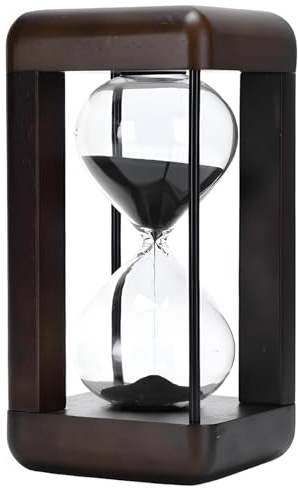 byepica Clessidra decorativa con base in legno e sabbia nera, orologio a clessidra da 60 minuti per regalare, espositore da scrivania e interni di casa