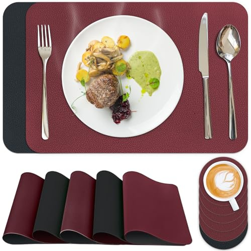 Homwiz Tischset Abwaschbar 6er Set, Doppelseitigen Tischsets Platzsets Abwaschbar, Platzdeckchen mit Untersetzer, Tischset Leder Optik, Platzset Leder Optik, Tischuntersetzer (Weinrot+Schwarz)