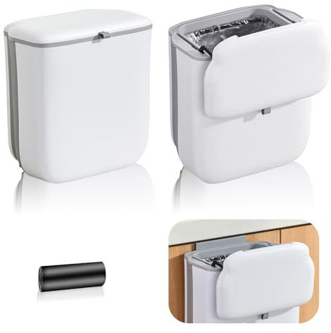 SCDZY Foldable Hanging Trash Bin with Lid, 10L Foldable Food Waste Caddy, Rubbish Compost Bin Wall Mounted Under Sink Food Waste Caddy with 30 Trash Bag for Under Sink Cupboard Door Cabinet