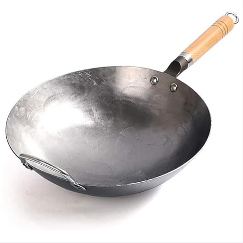 Sartén de hierro fundido, wok de fondo redondo de acero al carbono con asas, woks de hierro martillado a mano hechos de hierro, conductividad térmica rápida para asar, freír, cocinar al vapor