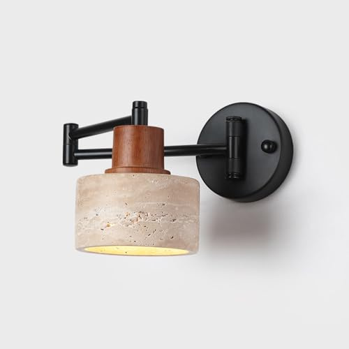 Lampada da parete con braccio oscillante regolabile, lampada da comodino in pietra naturale giapponese Wabi-Sabi e legno, lampada da lettura pieghevole, illuminazione per interni per camera da letto e