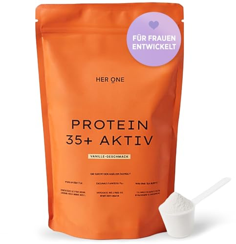 HER ONE PROTEIN 35+ AKTIV | Veganes Proteinpulver Vanille für Frauen ab 35 mit Ashwagandha, Vitaminen & Calcium | 74% Eiweiß aus Soja, Erbse, Reis & Kürbis | Eiweißpulver laktose- & glutenfrei | 500 g