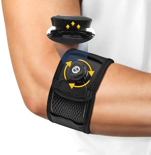 Rynvarl Ortesis de codo con ajuste ajustable – Vendaje antidolor para epicondilitis (Tenis & Golf Elbow) – Soporte de compresión de espuma transpirable, ideal deporte y diario – Tallas M (20-26 cm)