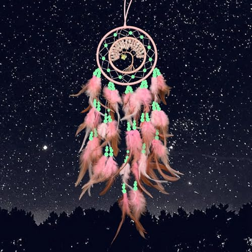 Kikuo AtrapasueñOs Arbol de la Vida, Hecho a Mano Atrapa Sueños para Pared con cuentas fosforescentes, Vintage Estilo Bohemio Atrapasueños para decorar Hogar Dormitorio Coche Boda (Rosa)
