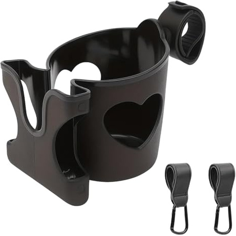 Pram Cup Holder with 2 PU Leather Hooks, Universal Cup Holder for Pram, Stroller, Wheelchair, Buggy, Pushchair, Cup and Phone Holder, 8.5 x 8.5 x 11 cm