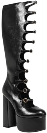 Liliana Women Multi Buckle Straps Platform Boots Chunky Block Heel Pumps Female Knee High Party Fashion Boots Dorola 21 Black 8