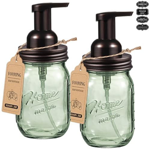 SheeChung Mason Jar Foaming Soap Dispenser, Stainless Steel Lid, Green Glass Foam Hand Soap Dispenser, 16 Oz Refillable Liquid Foam Dispenser Bottle for Bathroom Kitchen, Dish Soap-Bronze, 2 Pack