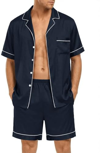 Runcati - Pigiama da uomo, corto, in satin, set da 2 pezzi, a maniche corte, con bottoni, camicia e pantaloni in tinta unita, pigiama estivo da uomo, Blu scuro, M