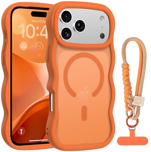 Unlicaku Magnetic for iPhone 17 Pro Max Case with Wrist Strap, Orange | Compatible with MagSafe, Translucent Matte PC Back & Soft TPU Bumper, Phone Cover for Women Girls