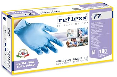 Reflexx 77100/M Guanti in Nitrile Senza Polvere ultra sottili e 100% Food, taglia Medium. Monouso, ambidestri, senza lattice.