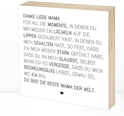 Wunderpixel® Holzbild Danke liebe Mama - v2 15x15x2cm zum Hinstellen/Aufhängen, echter Fotodruck mit Spruch auf Holz - schwarz-weißes Wand-Bild Aufsteller Dekoration Danke-schön Muttertags-Geschenk