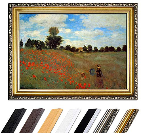 Bilderdepot24 Bild mit Rahmen - Claude Monet Mohnfeld bei Argenteuil 50x40 cm - Gerahmtes Leinwandbild Alte Meister - Antiker Rahmen Gold Barock, Klassisch