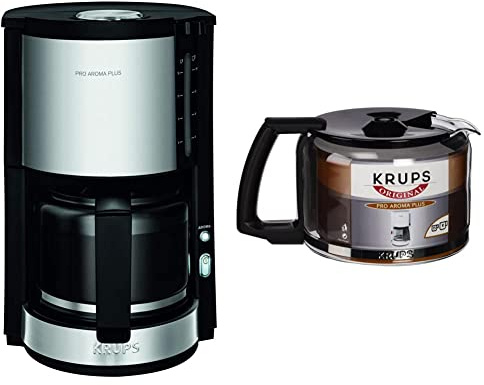 Krups KM321 Proaroma Plus Glas-Kaffeemaschine, 10 Tassen, 1100 W, modernes Design, schwarz mit Edelstahlapplikationen & F03442 Glaskrug Espresso-/Kaffeemaschinenzubehör mit Deckel, 10 Tassen, schwarz