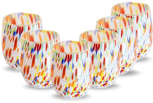 Gocce di Murano Lot de 6 verres à eau travaillés selon la tradition des artisans de Murano, verre soufflé et travaillé à la main, 300 ml - verres à eau, verre arc-en-ciel, pluie