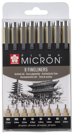 SAKURA Pigma Micron Fineliner-pennor set med 8 | vattentätt, permanent svart bläck, blandade storlekar | Pennor för att skriva, rita och journalföring