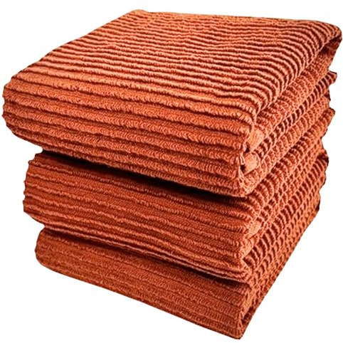 Serafina Home Kitchen Dish Towels for Hands Drying Cleaning Burnt Orange Rust 100% Cotton Soft Cloth Absorbent Terry Loop, Set of 3 Multipurpose Everyday Use Large Oversized 18 x 28