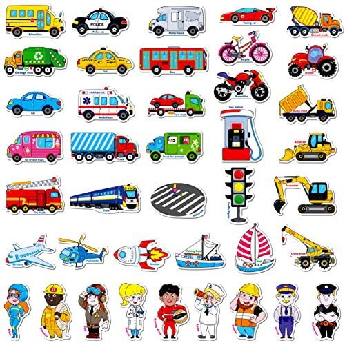 40 STK. Fahrzeugmagnete, Fahrzeuge und Berufe Kühlschrankmagnete für Kinder - Magnetische Transportmittel Kühlschrankdekorationen - Pädagogisches Lernspielzeug für Kleinkinder