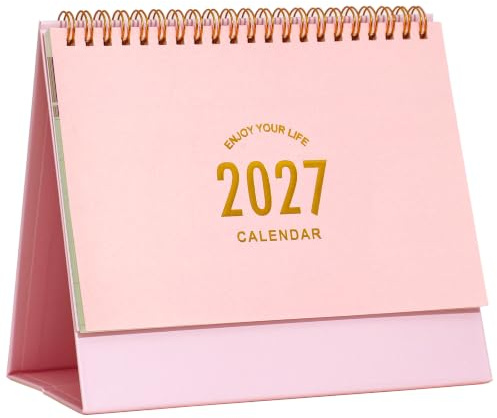 Small Desk Calendar 2027-2028, Standing Flip Desktop Calendar from January 2027 to June 2028 - Metal Ring Twin-Wire Binding Monthly Desktop Calendar for Home Office School (Pink)