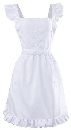 Geyoga Aprons for Women with Pockets Kitchen Cooking Waitress Maid Apron Vintage Skirt Cute Ruffle Dress Costume(White,Long Style)